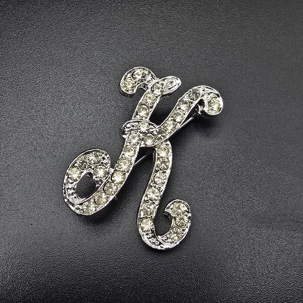 Rhinestone Letter K Brooch Silver Tone Vintage Costume Jewelry